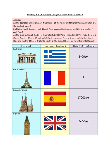 Dividing  numbers using the short division method word problems  - European Landmarks Context - KS2