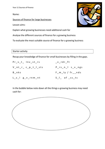 Sources of finance for growing busineses Year 11 (+12)