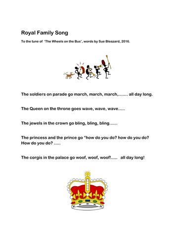 Royal Family Song, for EYFS, to the tune of 'Wheels on the bus'.