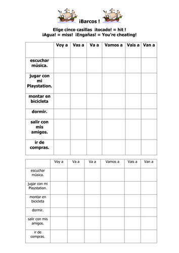 Spanish Teaching Resources. Near Future Worksheet, Matching Cards & Battleships Game.
