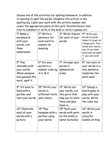 Spelling words activity grid