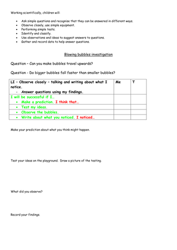 Year 2 - Science investigation - blowing bubbles