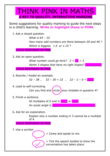 Think Pink in Maths, a guide to interactive feedback marking by DJGunn ...