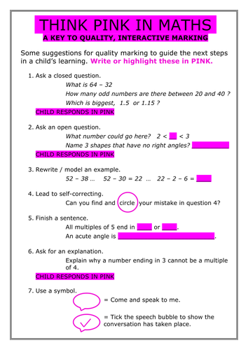Think Pink in Maths, a guide to interactive feedback marking