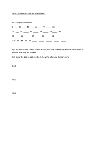Year 3 Maths .....Mixed Topics  Worksheet( Answers Included)