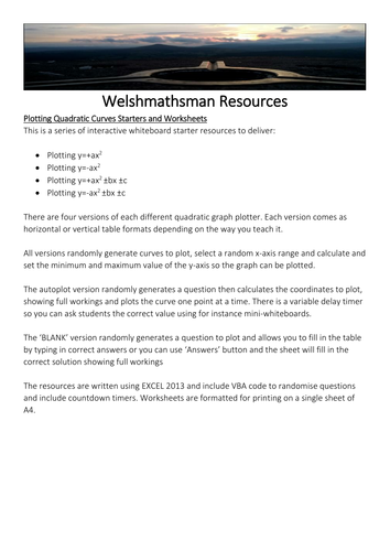 Welshmathsman Resources Plotting Quadratic Graphs Starters and Worksheets