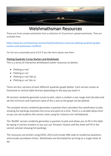 Welshmathsman Resources Plotting Quadratic Graphs Starters and Worksheets Free Version