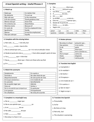 A- Level Spanish Writing - A wide range of phrases and connectives (vocabulary builders)