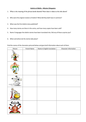 Astérix et Obélix: Mission Cléopatre - introductory worksheet and lesson powerpoint/quiz