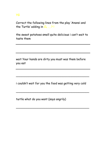 4 way differentiated Anansi and the Turtle punctuation correction exercise 