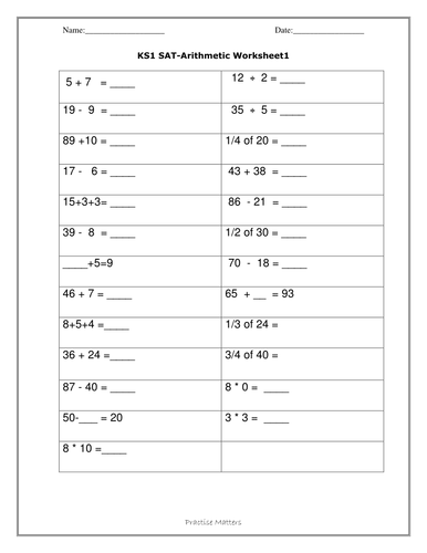 KS1 SAT Arithmetic Worksheets For Practise