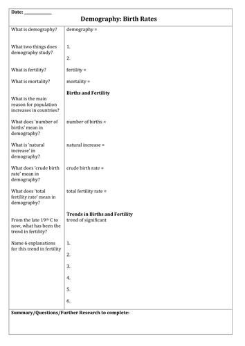 Sociology H580 / H180 Demography: Birth Rates with Cornell Notes