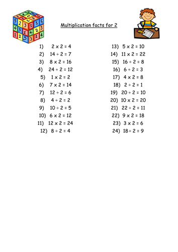 Multiplication facts tests - full set from 2-12 including division facts