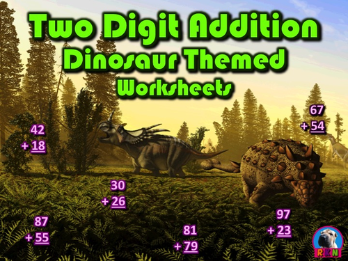 Two Digit Addition - Dinosaur Themed Worksheets - Vertical
