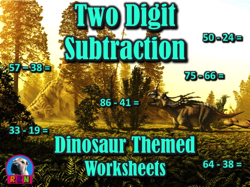 Two Digit Subtraction Worksheets - Dinosaur Themed - Horizontal