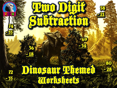 Two Digit Subtraction Worksheets - Dinosaur Themed - Vertical