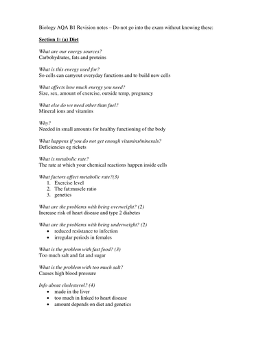 GCSE B1 BIOLOGY AQA REVISION NOTES Outgoing Specification 4401