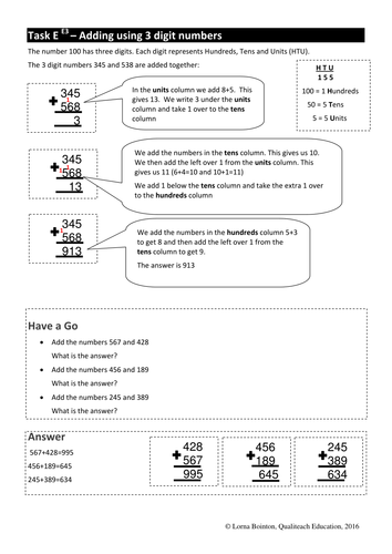 Adding 3 Digit Numbers Activity