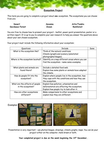 Biomes Homework Sheet - Ecosystem Project 