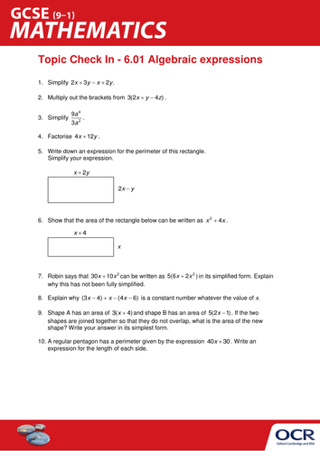 OCR Maths: Initial learning for GCSE - Check In Test 6.01 Algebraic expressions