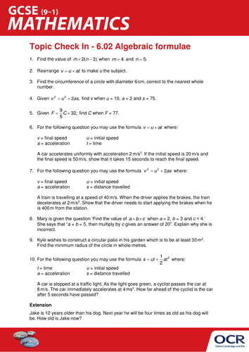 OCR Maths: Initial learning for GCSE - Check In Test 6.02 Algebraic formulae