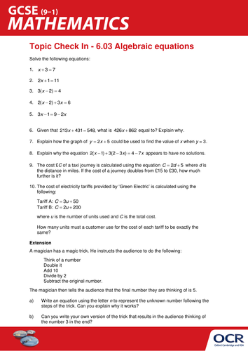 OCR Maths: Initial learning for GCSE - Check In Test 6.03 Algebraic equations