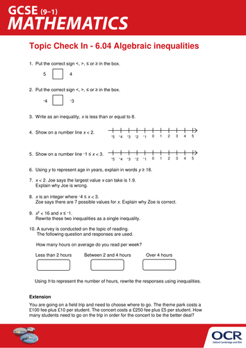 OCR Maths: Initial learning for GCSE - Check In Test 6.04 Algebraic inequalities