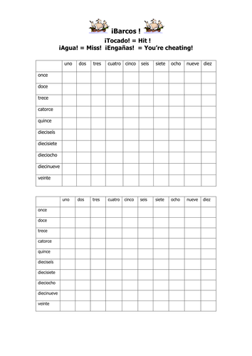 Spanish Teaching Resources. Battleships Game / Lotto Grid Numbers 1-20