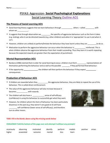 AQA A PSYA3 Social Learning Theory Explanation of Aggression AO1 Cloze Passage 