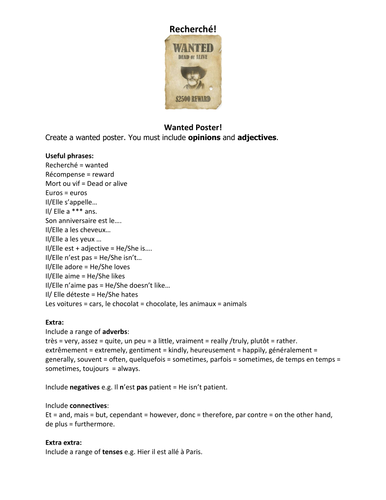 French Teaching Resources. Wanted Poster Help Sheet (Adjectives)