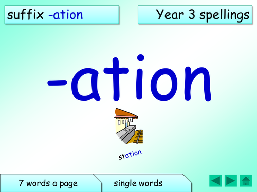 Year 3 spellings: suffix '-ation', as in donation, creation. Presentation and table/group cards     