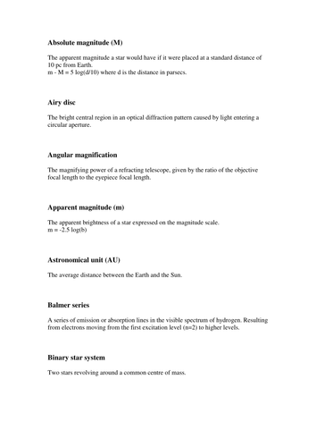 Astrophysics definitions card sort AQA Unit 5a