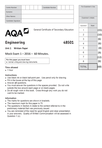 AQA GCSE Engineering Mock Exam 1