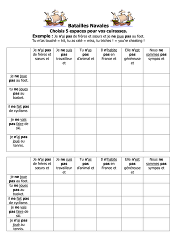 French Teaching Resources. PowerPoint, Worksheet & Battleships: Negatives + present tense: ne + pas