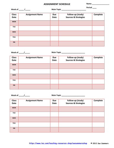 Student Assignment Schedule - 3 Week Log / Agenda 
