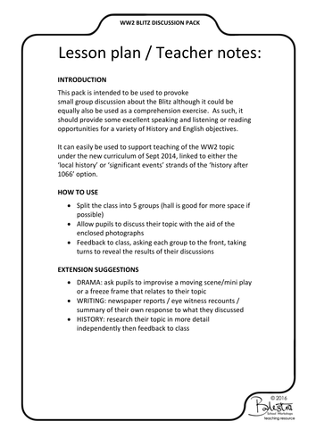 Second World War / WW2 discussion speaking and listening pack with questions, photos and lesson plan