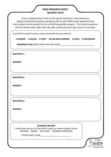 "Questioning a WW2 character" writing frame