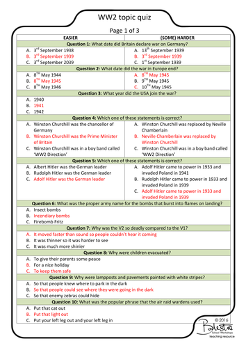 Big Second World War Ww2 Quiz With 30 Multiple Choice Questions Teaching Resources