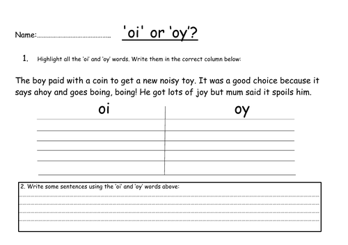 oi or oy phoneme spotter worksheet teaching resources