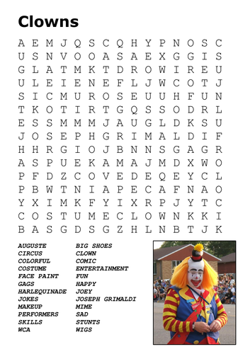 Clowns and the Circus Word Searches Teaching Resources