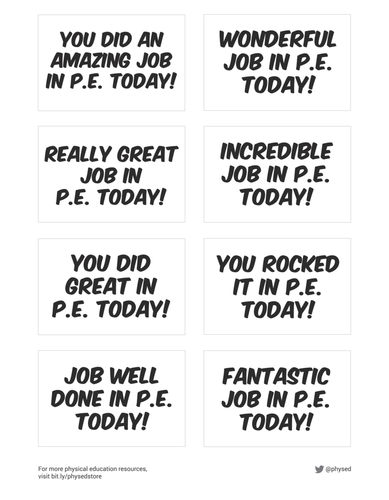 Physical Education Student Encouragement Cards - Part 1