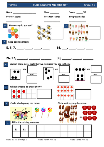 Place Value Maths Test Pre and Post Assessment for All ...