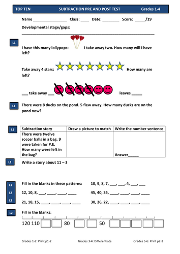 Subtraction Maths Test Pre and Post Assessment for All Primary Years: Reception 1 2 3 4 5 & 6 