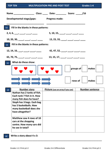 Multiplication Maths Test Pre and Post Assessment for All Primary Years: Reception 1 2 3 4 5 & 6 