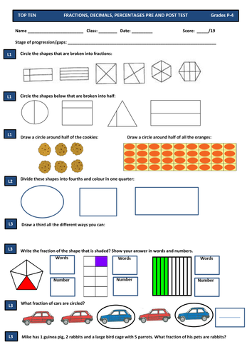 Fractions & Decimals Maths Test Pre and Post Assessment for All Primary Years: 1 2 3 4 5 & 6