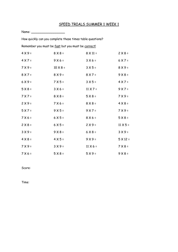 Fun Times-table Speed Trials (x6, 6 weeks, Summer 1)