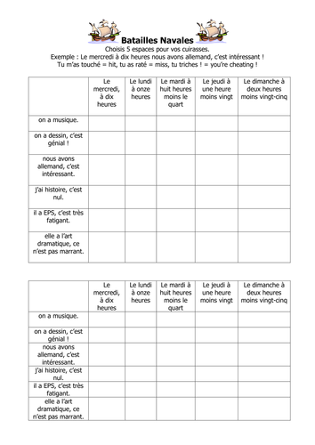 French Teaching Resources. Battleships/ Lotto:Time, school subjects & opinions.