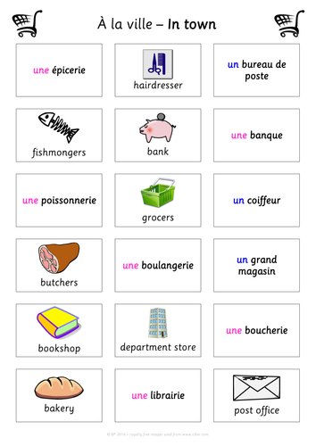 FUN FRENCH Match up Activity Les Magasins (Shops) - A la ville - In town  - KS2/KS3 French MFL