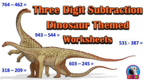 Three Digit Subtraction Worksheets - Dinosaur Themed - Horizontal