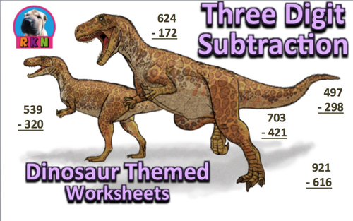 Three Digit Subtraction Worksheets - Dinosaur Themed - Vertical